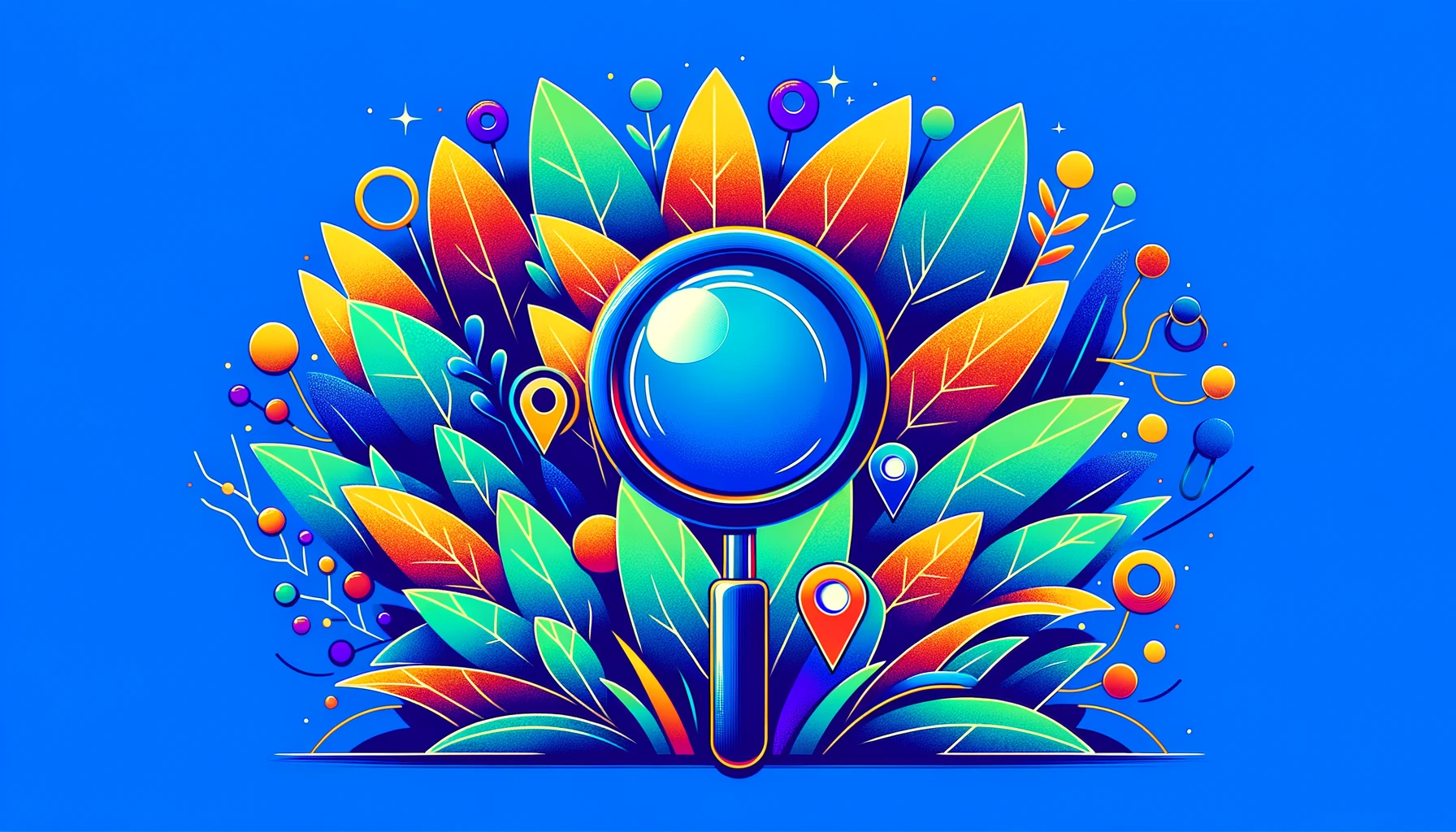 local seo cover - magnifying glass, map pins and plants