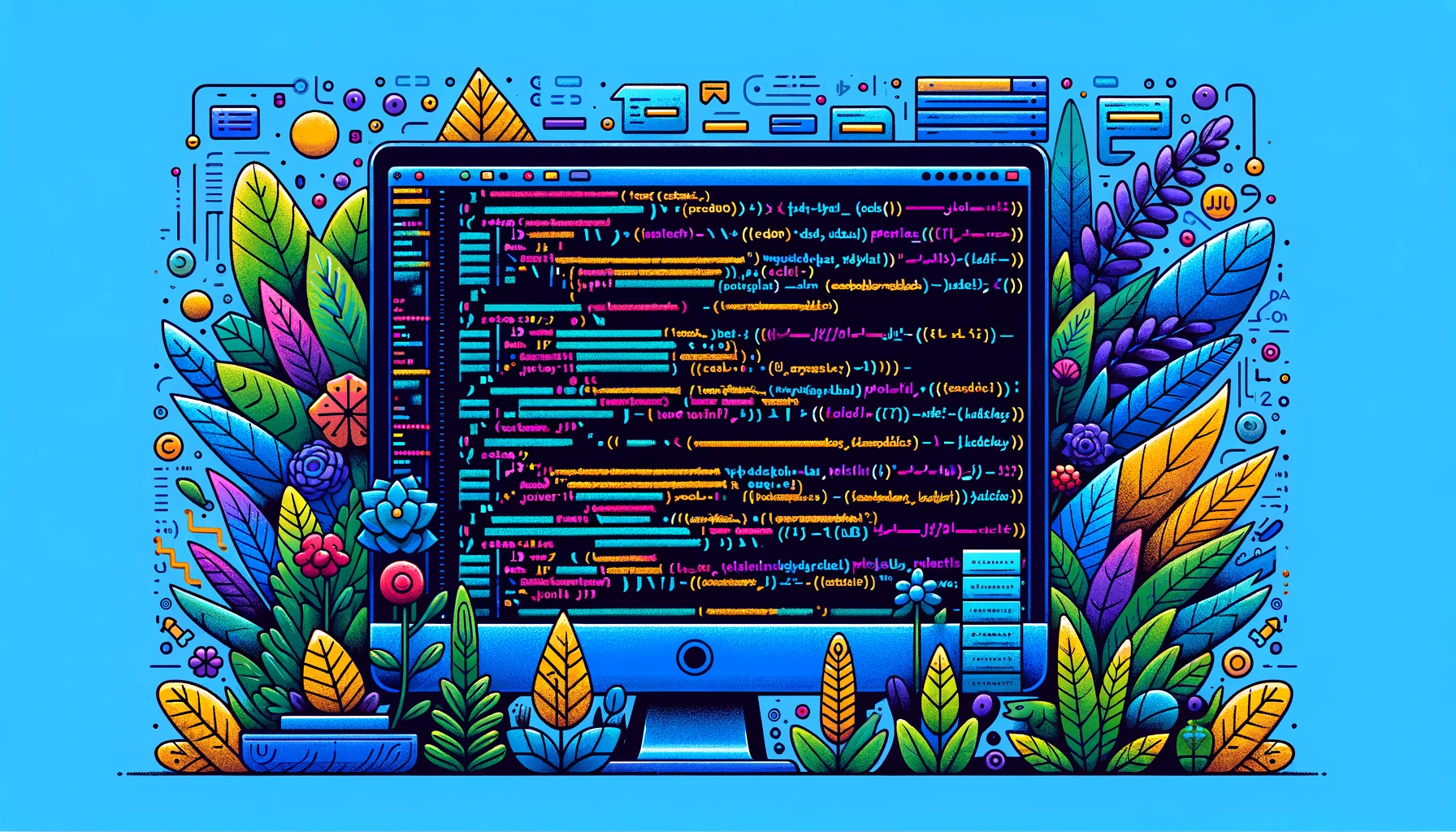 programming language featured image - a computer with plants and code
