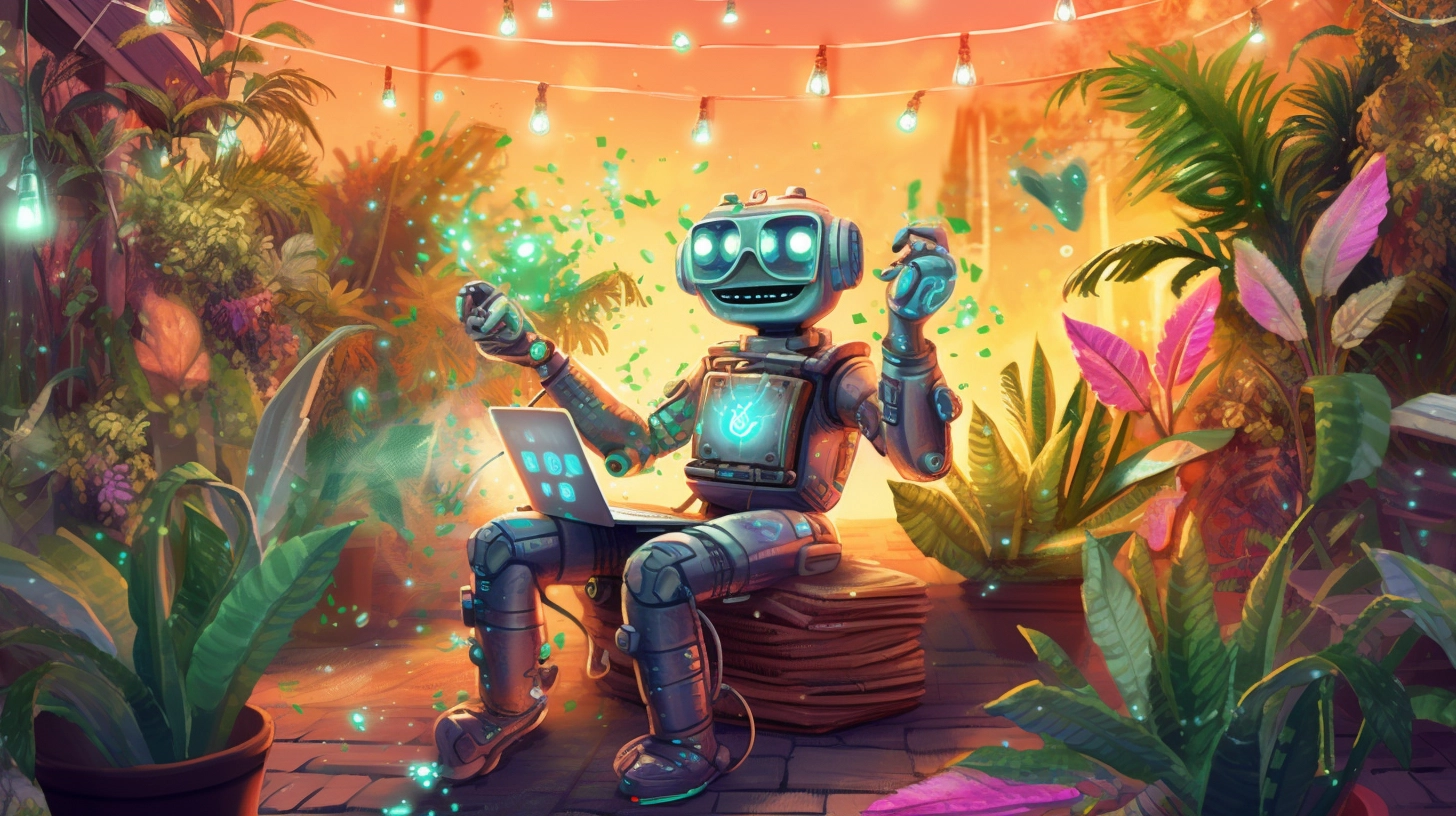 UX featured image - happy robot at a laptop