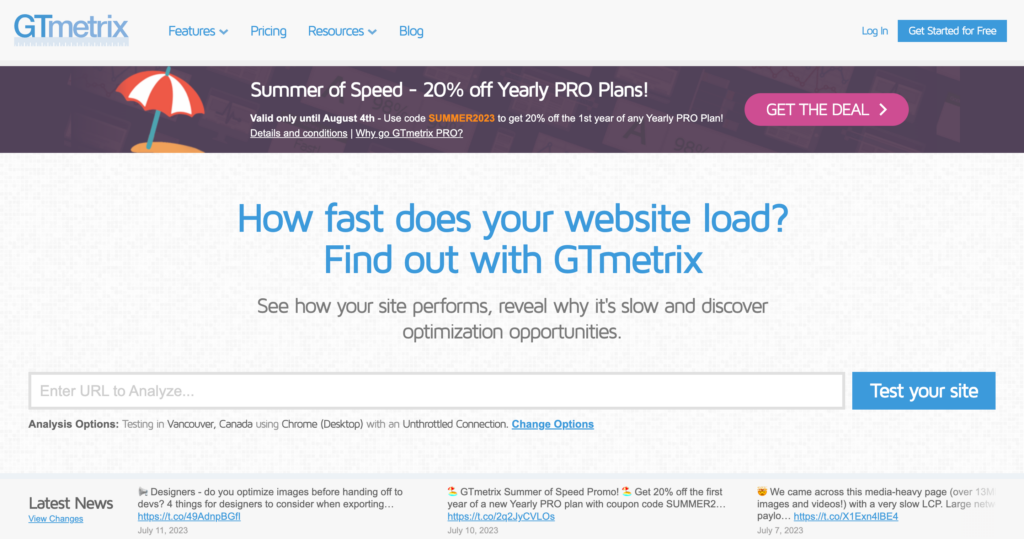 GTmetrix homepage