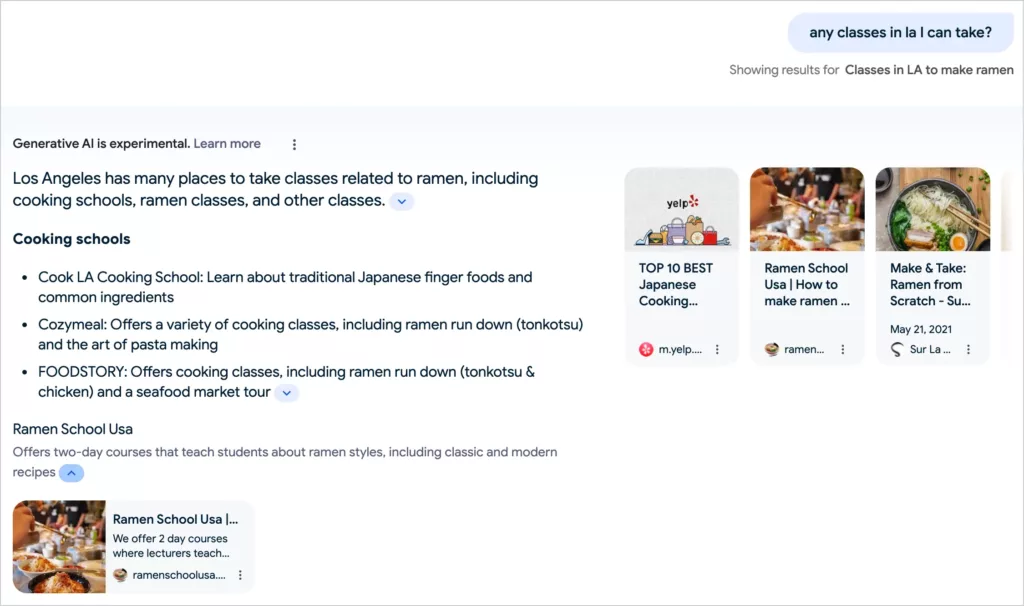 "any cooking classes in la i can take" SGE result in Google