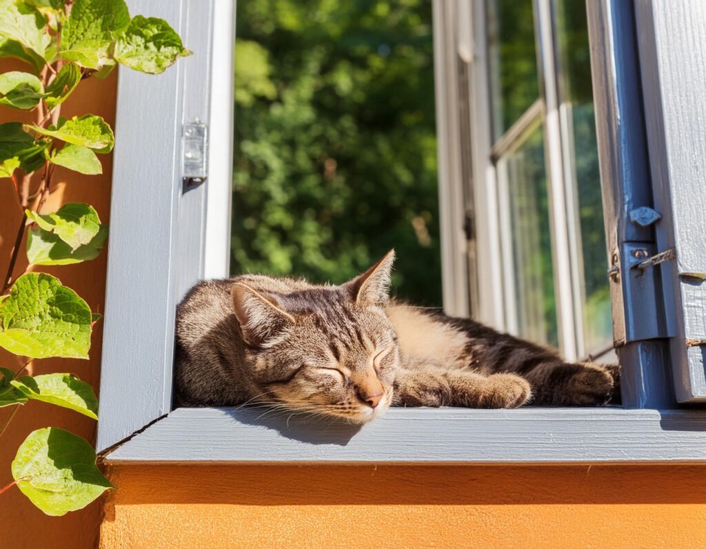 A cat sleeping on a sunny windowsill