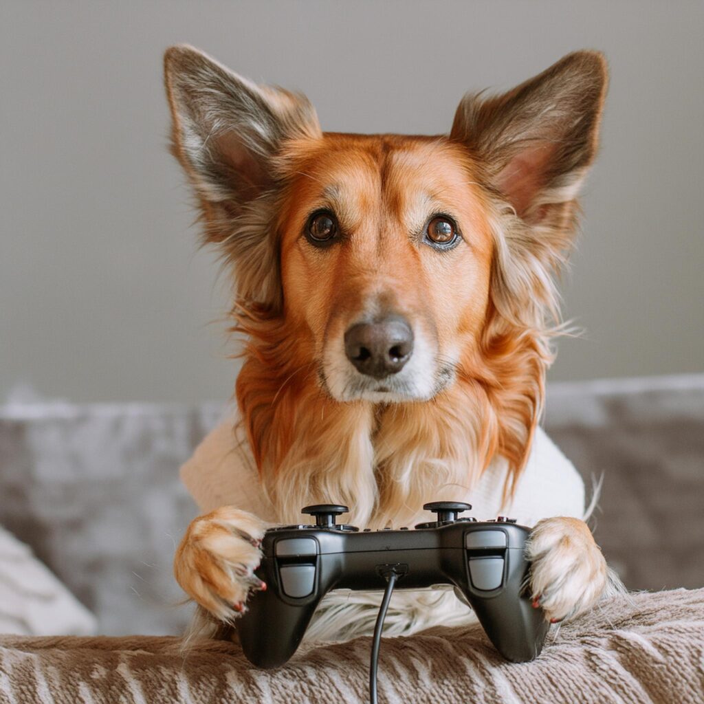 a dog playing video games