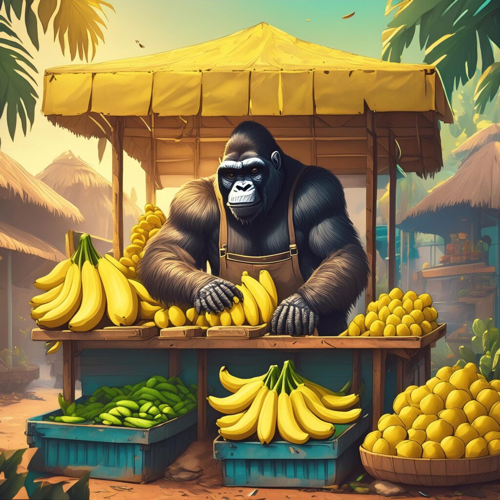 a gorilla working at a banana stand