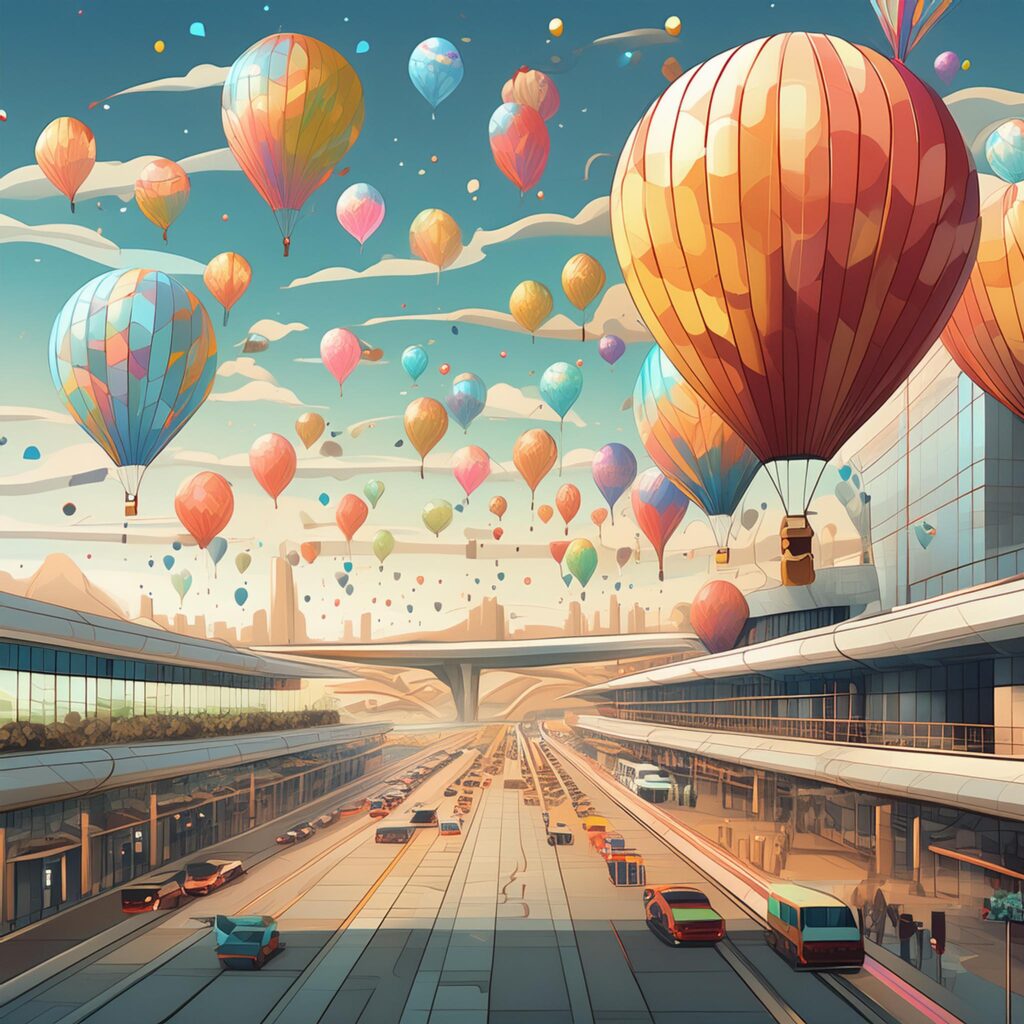 "an airport filled with balloons"