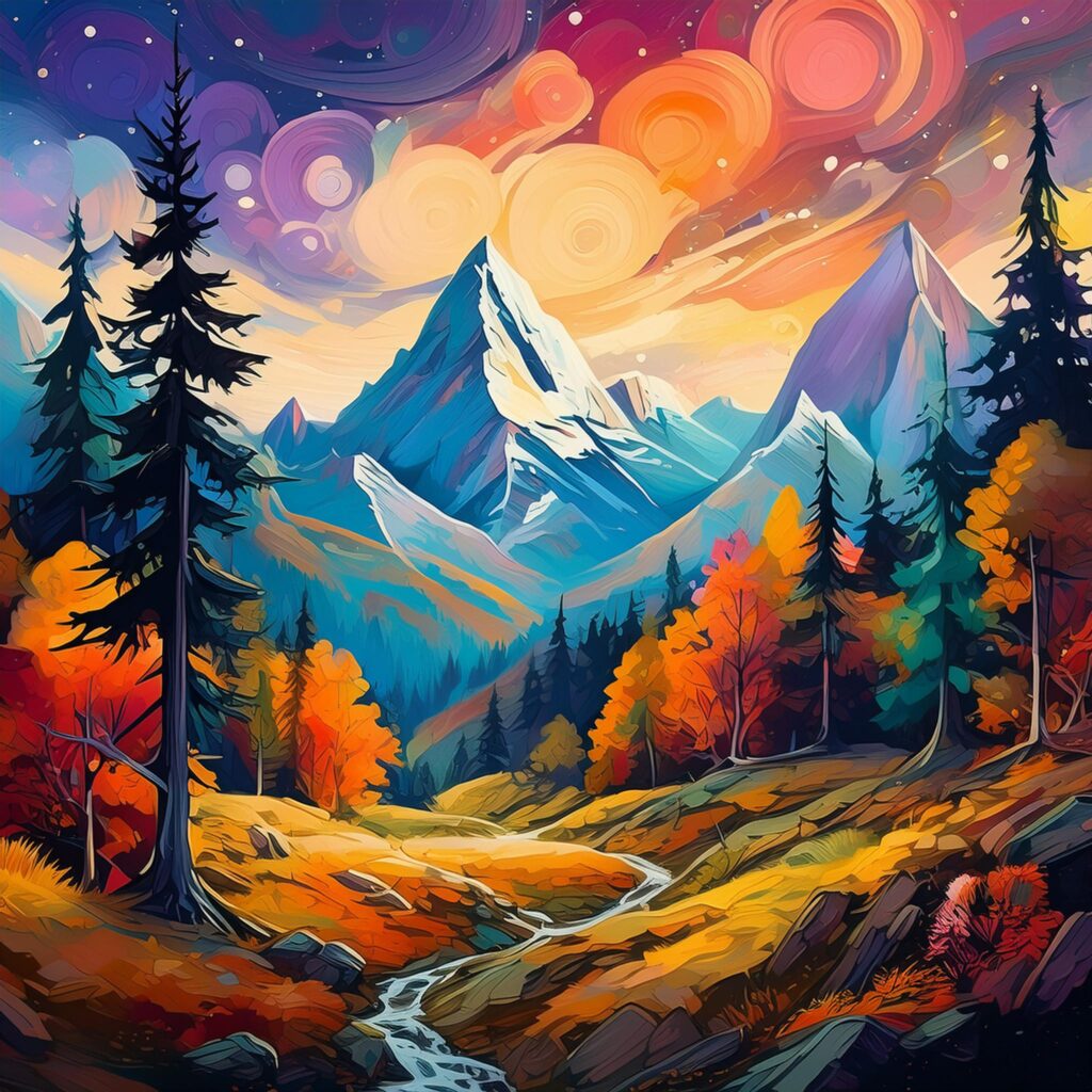space painting art nature mountain forest trees colorful abstract background